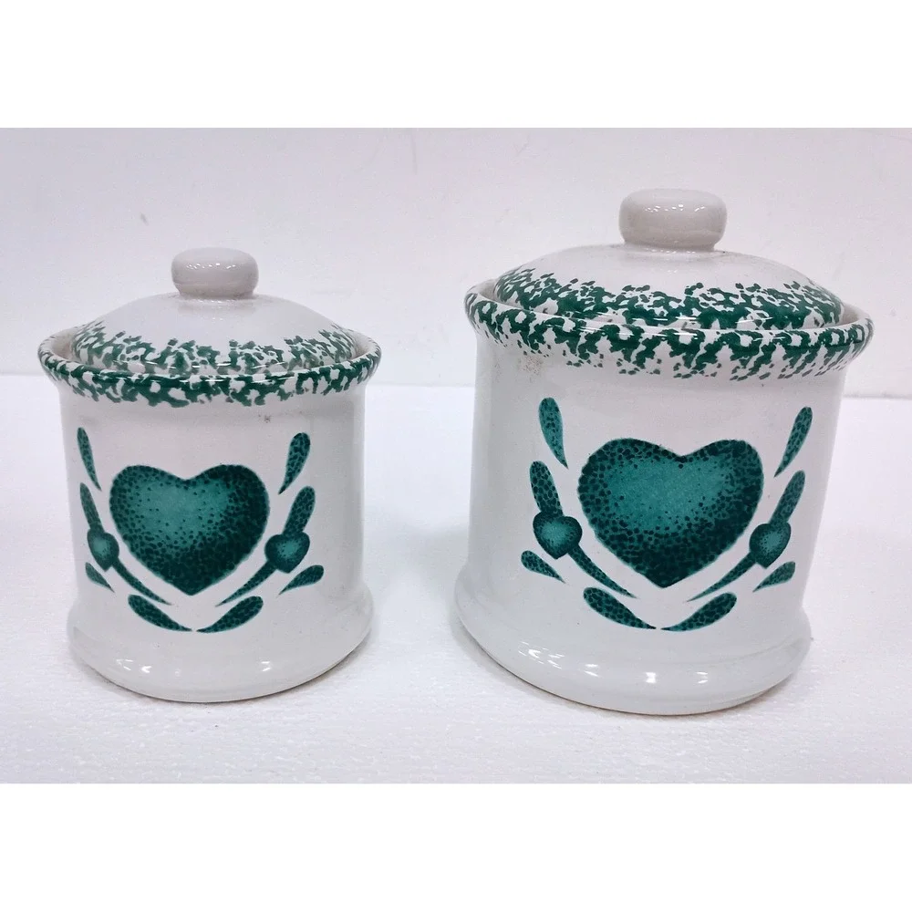 Vintage Canister Set of 2 White Green Heart Sponge Print Coutry Cottage Kitchen
